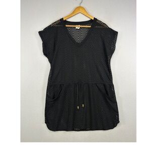 Resortwear Wave Zone Women M Black Chevron Crochet Knit Drawstring Swim Cover Up